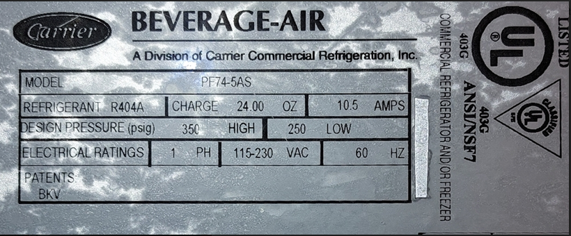 Carrier Beverage Air 3 Door Reach In Freezer